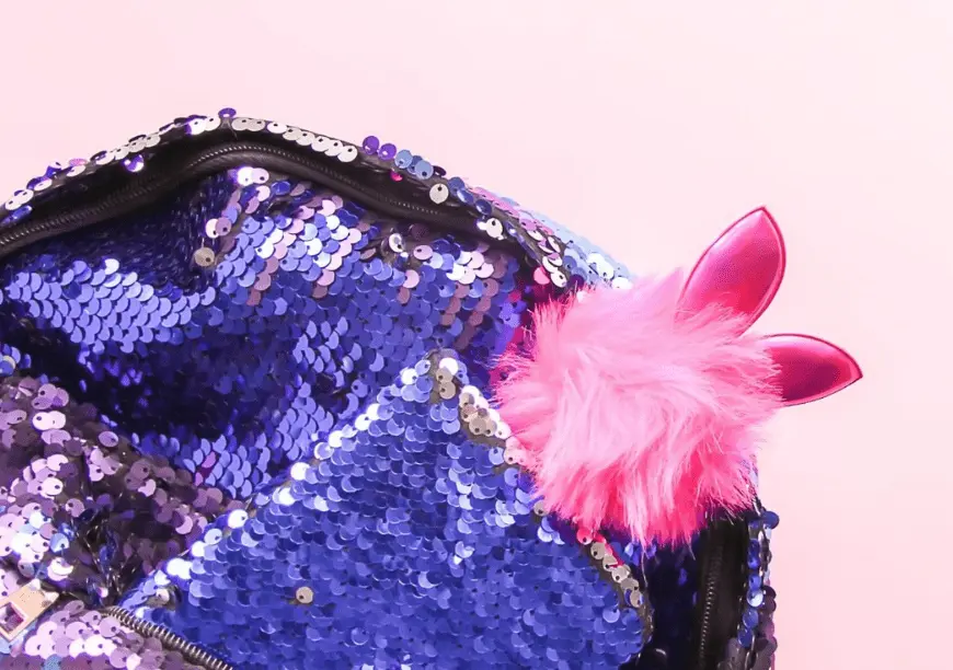Purple sequins bag with pink feather trim